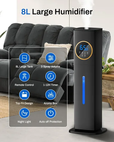 Miniatura 3 de Humidificador para Habitación Grande Dormitorio con Luz Nocturna, 2.1Gal (8L) Humidificadores para el Hogar con Difusor de Aceite Esencial, Negro