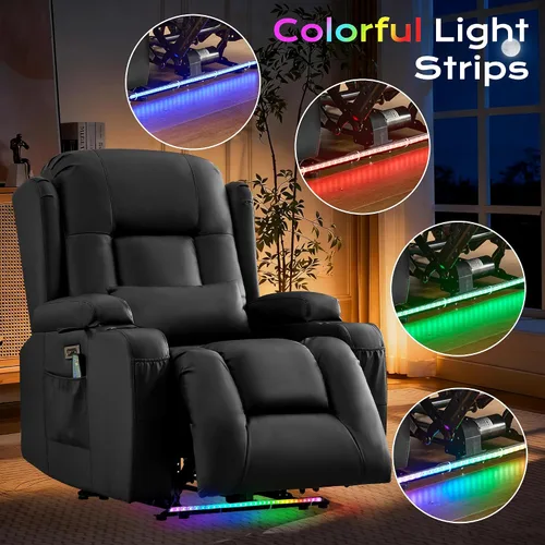 Miniatura 6 de URRED Silla reclinable eléctrica con masaje y calor para adultos, sofá reclinable eléctrico para cine en casa con luz ambiental, puertos USB