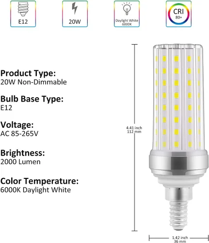 Miniatura 2 de Paquete de 4 bombillas LED E12, bombillas LED de candelabro de 20 W, equivalente a 150 W, luz blanca diurna 6000 K, 2000 lm, no regulables