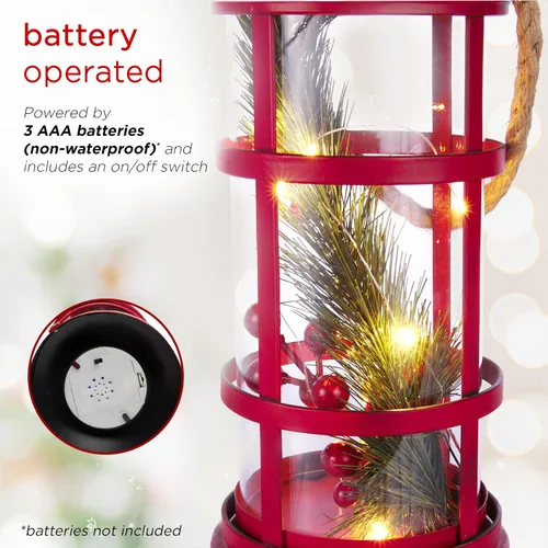 Miniatura 4 de Alpine Corporation Farol de Navidad de metal y vidrio de 13 pulgadas de alto con 8 luces LED blancas cálidas, temporizador integrado, decoración