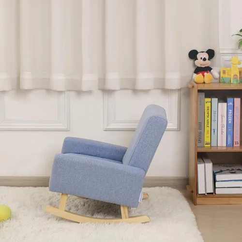 Miniatura 5 de Mecedora para bebé, silla para niños, sofá para niños, pie de madera tembloroso y tela de lino, sillón mecedor para niños y niñas (azul)