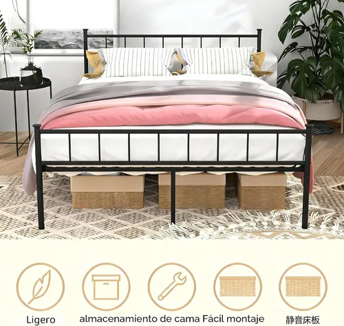 Miniatura 4 de Marco de cama de plataforma de metal, cama de hierro de estilo victoriano con cabecero, marco resistente y listones, almacenamiento debajo