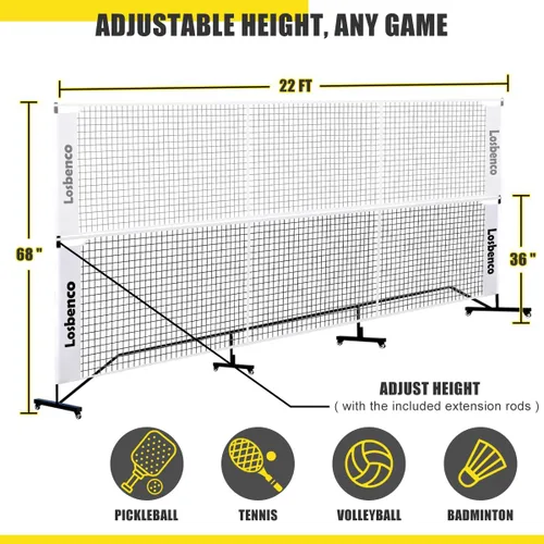 Miniatura 2 de Losbenco Pickleball Net with Wheels Court Lines, Metal Frame & Regulation Size 22FT, 6-in-1 Adjustable Portable Net for Playing Pickleball, Tennis