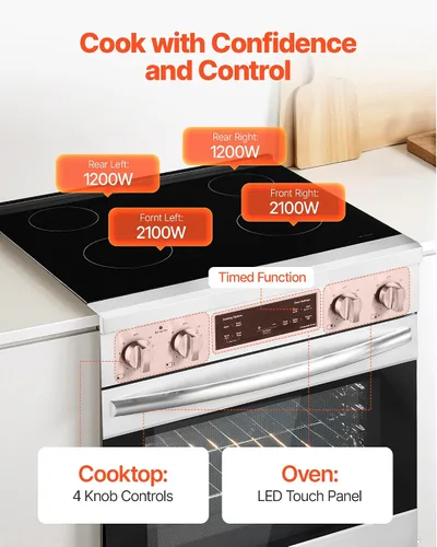 Miniatura 3 de VEVOR Estufa eléctrica de 30 pulgadas, horno de 4.8 pies cúbicos de capacidad, estufa de cocina de acero inoxidable compacta independiente, con 4