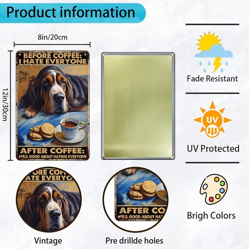 Miniatura 2 de KIYOYO Basset Hound Dog - Cartel de metal vintage de hound con texto en inglés "Before Coffee After Coffee" (Antes del café después del café)