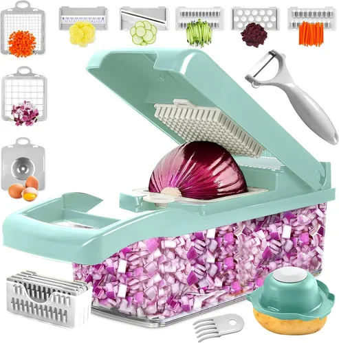 Picadora y cortadora de verduras de 16 en 1 con 8 cuchillas – Cortador de verduras, cortador de dados, picadora de alimentos con recipiente y tapa –