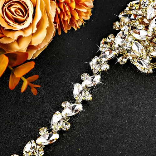 Miniatura 10 de BBTO Adorno de cadena de diamantes de imitación, adorno de cristal para boda, disfraz de novia, cadena de hojas de flores, costura, adornos