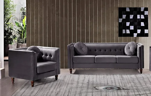 Miniatura 5 de Container Furniture Direct Lexie Velvet - Cómodo sofá de mediados de siglo Chesterfield de tres plazas para lectura, sala de estar, apartamento
