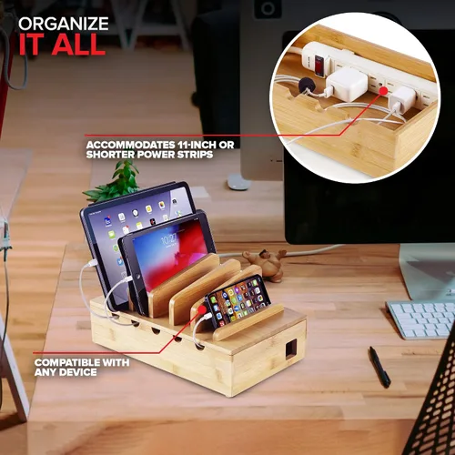 Miniatura 6 de Modern Innovations Estación de carga de bambú para múltiples dispositivos (natural), organizador de dispositivos de madera, soporte de escritorio
