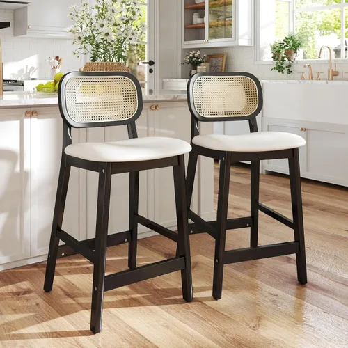 ROCITY - Juego de 2 taburetes de ratán negro, taburetes de bar de madera de granja, taburetes de bar tapizados, sillas de isla de cocina con