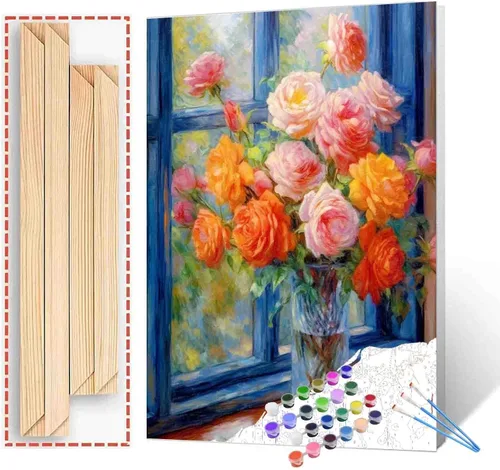 Tucocoo Kit de pintura de rosas por números con pinceles y pigmento acrílico sobre lienzo para adultos, hermoso proyecto de manualidades florales