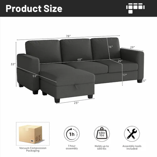 Miniatura 2 de Sofá seccional y sofás para sala de estar, sofá de lino gris oscuro en forma de L de 78 pulgadas, sofás convertibles modulares de 3 plazas aptos