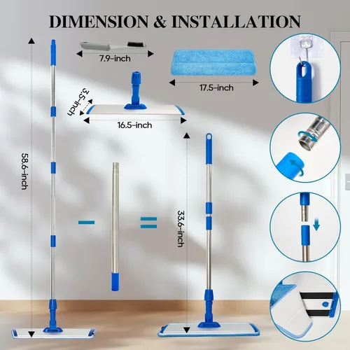 Miniatura 3 de HONOVA Trapeador de microfibra de 17.5 pulgadas para limpieza de suelos, trapeador plano azul con mango de acero inoxidable de 58 pulgadas, 4