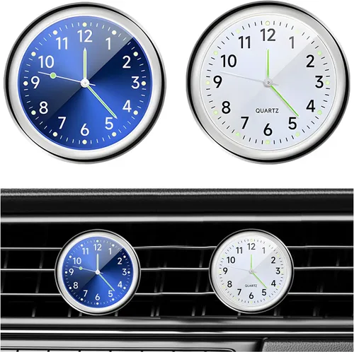 Dickno 2 relojes de automóvil para pegar en el salpicadero, mini relojes analógicos de cuarzo luminoso para ventilación de aire, reloj de Azul+blanco