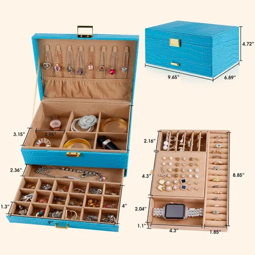 Miniatura 6 de Gifturbo Caja organizadora de joyas para mujeres y niñas, cajas de joyería de piel sintética azul, 3 capas de joyería, caja de regalo para pulseras