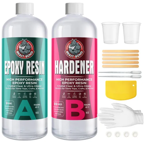 Beast Bond Kit de resina epoxi transparente de 32 onzas, autonivelante, ultra brillante, sin burbujas, resistente a los rayos UV y a la humedad,