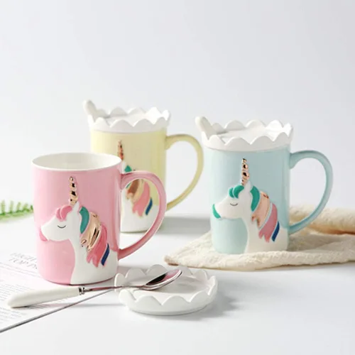 Miniatura 5 de Taza de unicornio BigNoseDeer, linda taza de café de cerámica con tapa y cuchara, lindas tazas para café, té, leche, lindas cosas Regalos