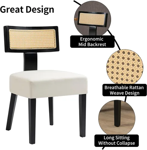 Miniatura 3 de ZJhome Juego de 4 sillas de comedor de ratán tapizadas de tela moderna de mediados de siglo con marco de madera dura negra, respaldo curvado, silla