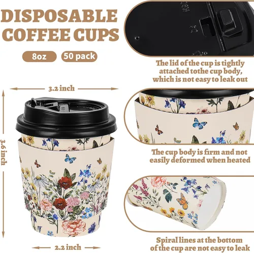 Miniatura 2 de JarThenaAMCS 50 juegos de tazas de café florales vintage con tapas y fundas de 8 onzas, tazas de papel de flores silvestres, desechables