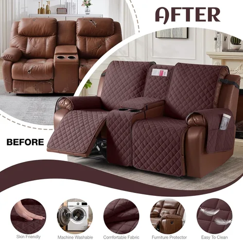Miniatura 5 de KinCam Funda para Loveseat Reclinable 100% Impermeable con Consola, Fundas Antideslizantes para Sofá Reclinable de 2 Asientos, Funda para Sofá Café