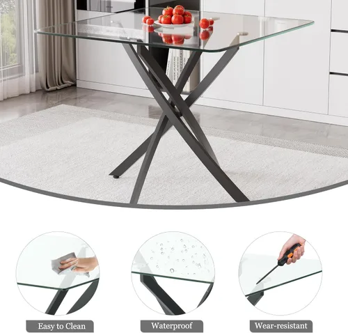 Miniatura 5 de Juego de comedor de 3 piezas con superficie de vidrio transparente, juego de comedor cuadrado minimalista moderno de 36'', juego de mesa de cocina