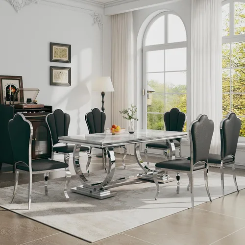 Miniatura 17 de Juego de mesa de comedor de 7 piezas, mesa de cocina de lujo de mármol sintético blanco de 70 pulgadas y 6 sillas copetudas de terciopelo beige