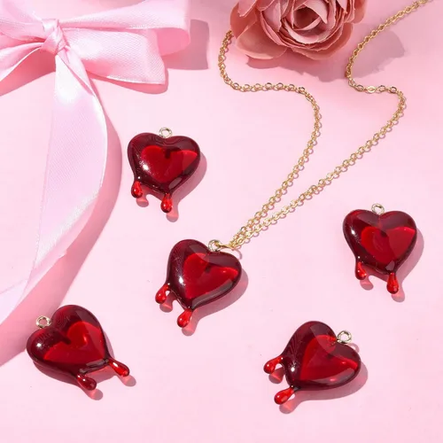 Miniatura 5 de Ipotkitt 10 dijes de corazón fundido transparente rojo con parte trasera plana, dijes de corazón de San Valentín en forma de corazón para el día
