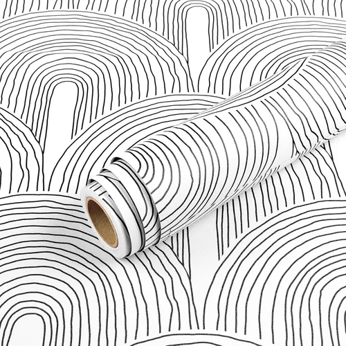 Miniatura 7 de Livelynine - Papel de colgadura adhesivo minimalista en blanco y negro de mediados del siglo moderno, papel tapiz extraíble con acento de arco