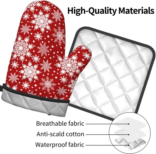 Miniatura 4 de Juego de 2 guantes de horno rojos de copos de nieve de Navidad y agarradera, adecuados para barbacoas, hornear, cocinar, microondas
