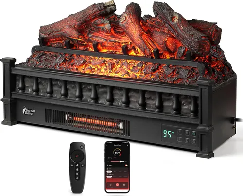 TURBRO Eternal Flame - Calentador eléctrico de cuarzo infrarrojo WiFi de 26 pulgadas con sonido crujiente, troncos de madera de limón realistas,