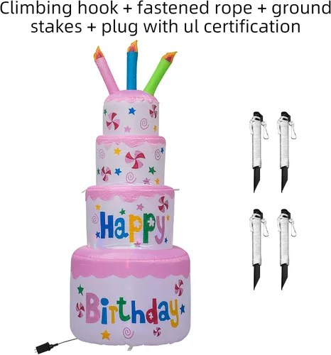 Miniatura 5 de AJY Pastel inflable de feliz cumpleaños de 6 pies con vela, decoración de césped para interiores y exteriores
