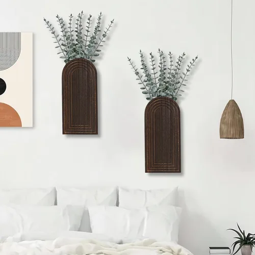 Miniatura 6 de Dnnnii Juego de 2 jarrones de pared de madera, acabado marrón oscuro, decoración de pared moderna de granja y bohemio para entrada, pasillo, baño