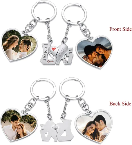 Miniatura 3 de PiercingJ Juego de 2 llaveros de fotos personalizados para él y ella grabado de doble cara colgante de imagen colorida para parejas llaveros