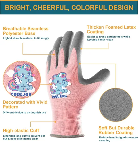 Miniatura 2 de COOLJOB 3 pares de guantes de jardinería para niños de 6 a 8 años, guantes de trabajo de agarre para niños pequeños con revestimiento de goma