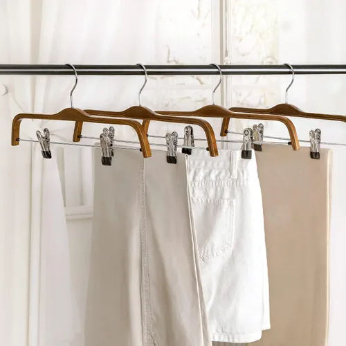 Miniatura 5 de TOPIA HANGER Perchas de madera para pantalones, perchas delgadas de madera natural para faldas con gancho antioxidante y clips de metal ajustables