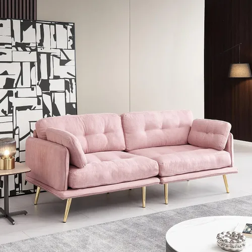 Miniatura 3 de Anwick Sofá biplaza moderno de tela de lino tapizado de 3 plazas con patas de metal y almohada para sala de estar, dormitorio, apartamento, Rosado