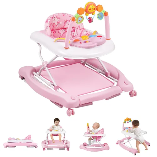 Andador de bebé, 5 en 1 para niños y niñas de 6 a 12 meses, andadores plegables para bebés con gorila y bandeja de alimentación, música, alturas