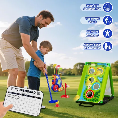 Miniatura 7 de HYES Juego de golf 3 en 1 para niños pequeños con tapete de putting y juego de golf, club de golf para niños con 8 bolas, 4 palos de plástico