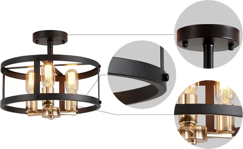 Miniatura 5 de AGV LIGHTING Lámpara de techo semiempotrada de granja, 3 luces cerca del techo, acabado dorado brillante y negro mate
