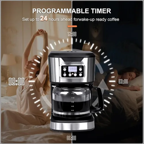 Miniatura 4 de Cafetera programable de 12 tazas, máquina de café de preparación y goteo, totalmente automática, ajuste de 1-4 tazas, de acero inoxidable, función