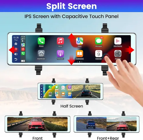 Miniatura 6 de NHOPEEW Cámara de espejo retrovisor de 11.26 pulgadas con Carplay y Android Auto - Espejo Dash Cam frontal y trasera - Transmisor
