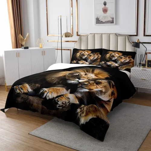 Miniatura 3 de Homewish Juego de colcha de 3 piezas con estampado de león en 3D de pareja de leones para niños, adolescentes, con temática de animales salvajes
