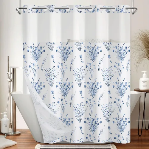 Miniatura 13 de No Hook Geometric Shower Curtain with Snap in Liner - 71″W x 74″L Waterproof Fabric with Mesh Top Window, Modern Abstract Triangle Design Bath