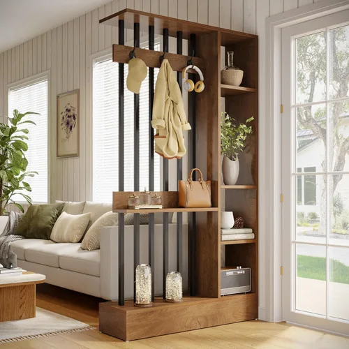 Miniatura 4 de Tribesigns Divisor de pared de habitación, estantería independiente de madera con estantes y ganchos para abrigos, partición de pared moderna de 71
