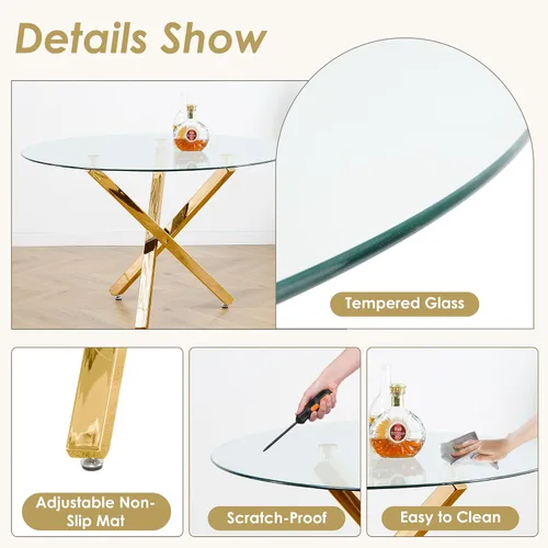 Miniatura 6 de Juego de comedor de 5 piezas con parte superior de vidrio redondo transparente, juego de comedor circular moderno de mediados de siglo de 39