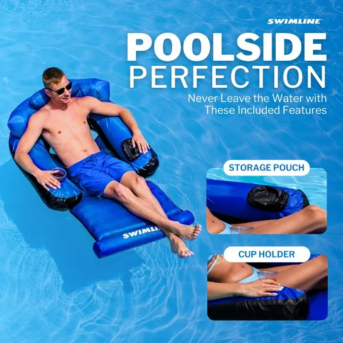 Miniatura 5 de Swimline ORIGINAL - Colchoneta cubierta de tela para piscina, balsa flotante definitiva para adultos y niños Respaldo, reposabrazos y reposapiés
