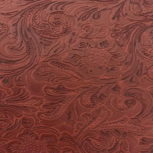 Tela de vinilo de piel sintética de poliuretano con flores occidentales de color rojo oscuro, se vende por yarda, 56 pulgadas