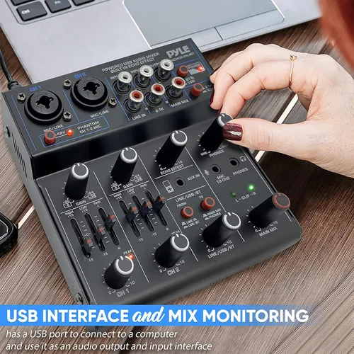 Miniatura 7 de Mezclador de audio inalámbrico profesional Pyle DJ - Mezclador de sonido con controlador Bluetooth de 4 canales, interfaz de audio USB, 2 entradas