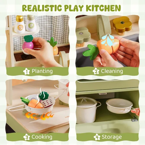 Miniatura 3 de ROBUD Juego de cocina de madera, cocina de juego de simulación para niños, cocina de juguete con microondas, fregadero, estufa y máquina de hielo