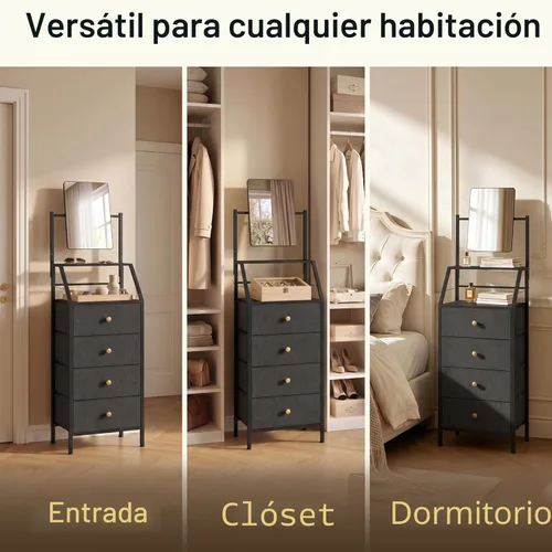 Miniatura 8 de HIGDBFE Cómoda de 4 cajones con espejo, tocador con estantes de 2 niveles, cómoda de tela para espacios pequeños, armario de almacenamiento vertical